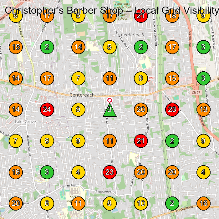 Christopher's Barber Shop Barber Shop GeoGrid ranking map for Centereach NY